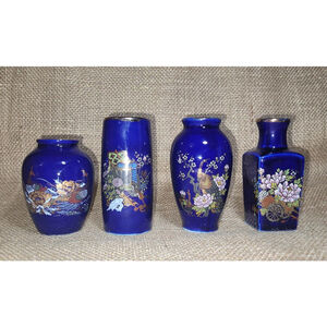 Mini Japanese Cobalt Blue Vase Set Floral Bird Art Peacock Flower Gold Japan S1